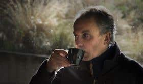 Francois Millet with coffee at Prophet's Rock winery in Central Otago
