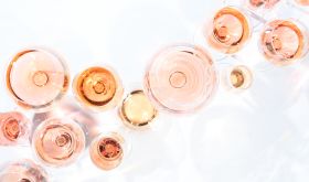 Many glasses of rose wine at wine tasting, seen from overhead