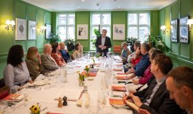 Cesar Saldana speaks at a sherry lunch at Quo Vadis