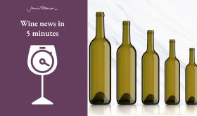 Various wine bottle sizes and Wine News in 5 logo