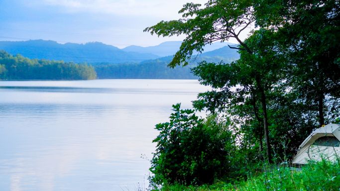 The view from our Lake Santeetlah campsite the morning after the storm. Photo is author's own