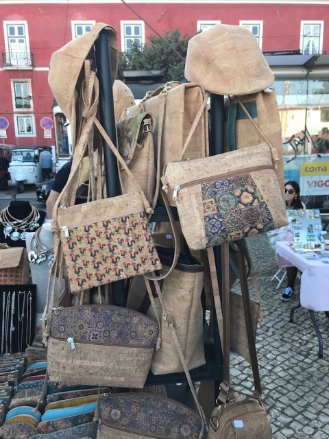 Cork bags and caps for tourists in Lisbon