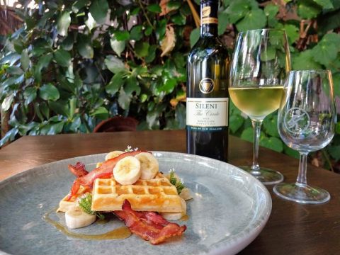 Sourdough waffles with bacon and banana and Sileni 2013 Hawkes Bay Sémillon