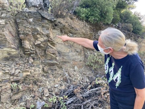 Brigitte Chevalier shows schist and vine roots in Faugeres
