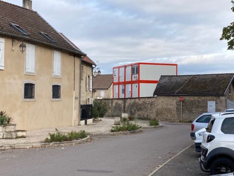 Portacabins at Dom Rebourseau as seen from the Place du Monument, Gevrey-Chambertin