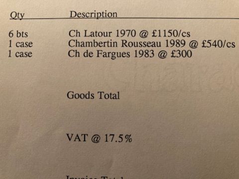 1993 invoice for Christmas 2020 bottle, Rousseau Chambertin 1989