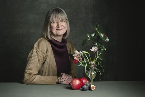 Jancis Robinson portrait with flowers