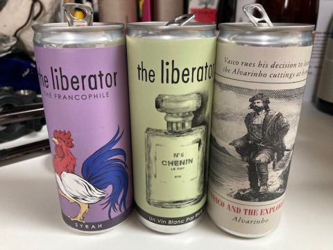 Three cans of S African wine from The Liberator