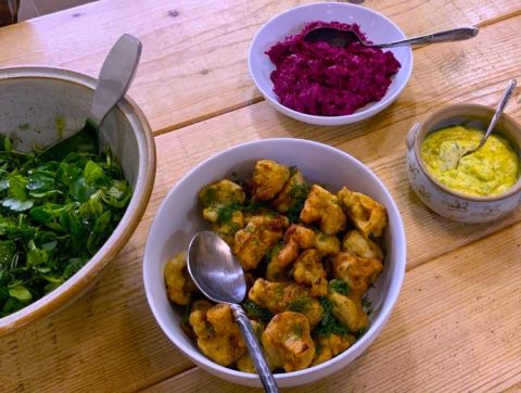 Sides: cauliflower fritters and sour-cream beetroot salad with dill and garlic mayonnaise