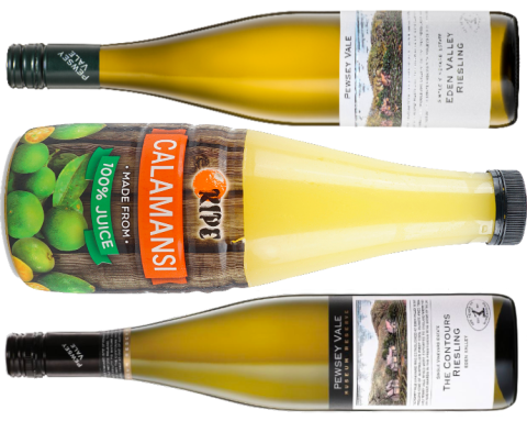 Two bottles of Pewsey Vale Riesling and one of Calamansi juice