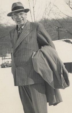 Ehrenfried Pfeiffer on a snowy winter day at Threefold Farm in upstate NY, circa 1940s