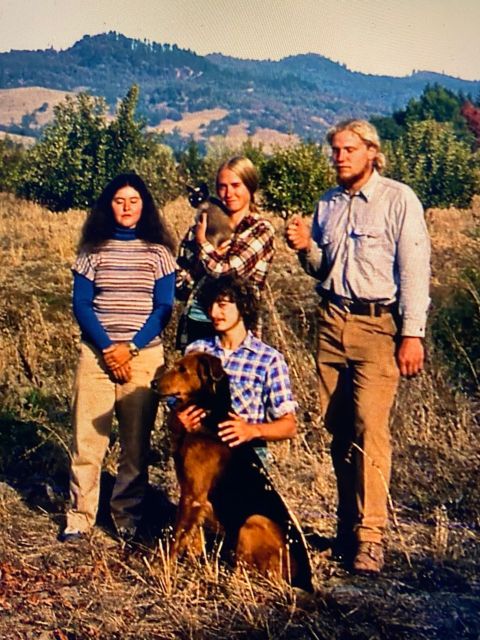 Fall of 1976 at the Covelo Garden Project - credit Bob Gow. Back: Caroline Cooper, Katrina Van Lente with cat Millie, and Jonathan Frey Front: David Field and Country the dog