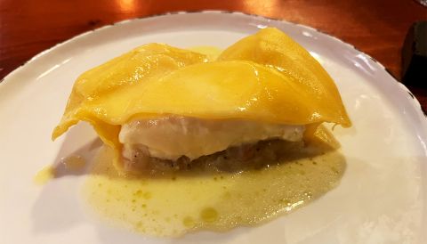 A giant ravioli stuffed with burrata at Racines in Belgium.