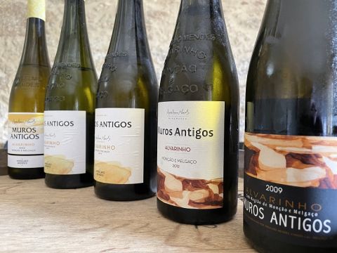 a row of bottles of Anselmo Mendes Alvarinho