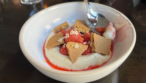 gariguette strawberries with meadowsweet crème diplomate and a crumbled poppyseed-and-lemon biscuit