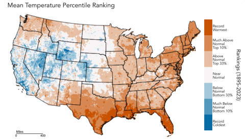 Mean temperature in California 2023