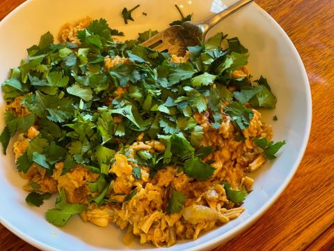 Miso-mirin scrambled eggs with cilantro