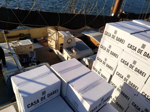 bottles of Dão wine waiting to be loaded onto the Gallant