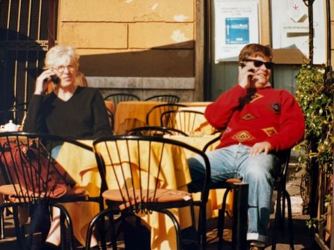 Rose Gray and David Gleave MW on their phones in Italy in the early 1990s