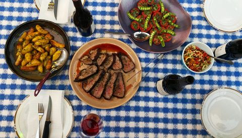 Sacred Shores, Treos Vineyard Sangiovese 2021 Willamette Valley dinner with steak and fingerling potatoes