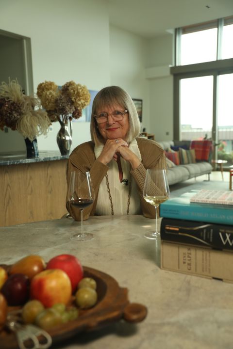 Jancis with wine, books and fruit_credit James Sandy/FT