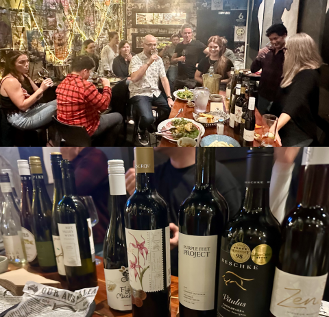 Two stacked photos: on top, a group of people tasting wine; below, the lined-up wine bottles