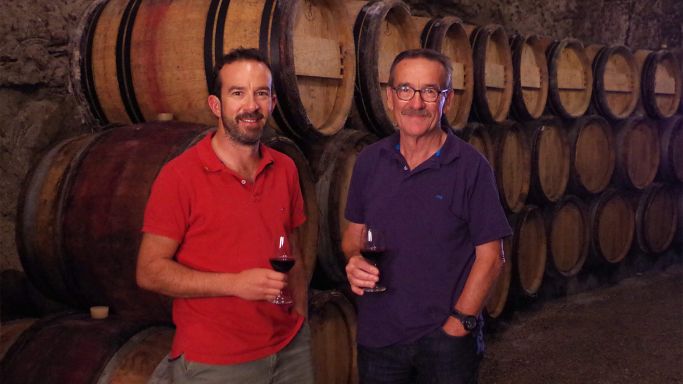 Matthieu and Bernard Baudry in the cellar at Bernard Baudry