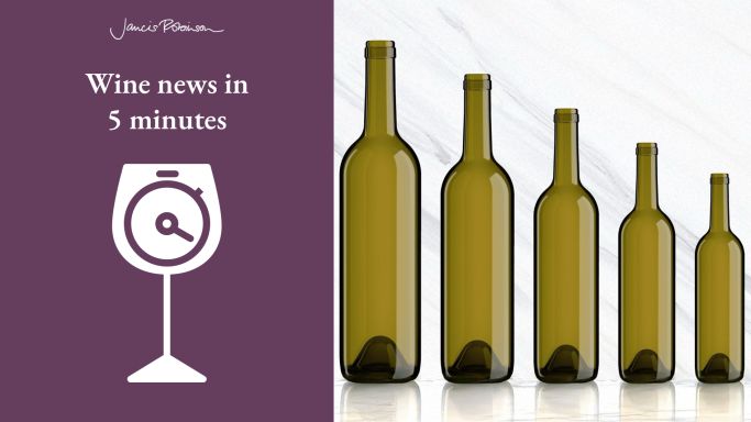 Various wine bottle sizes and Wine News in 5 logo